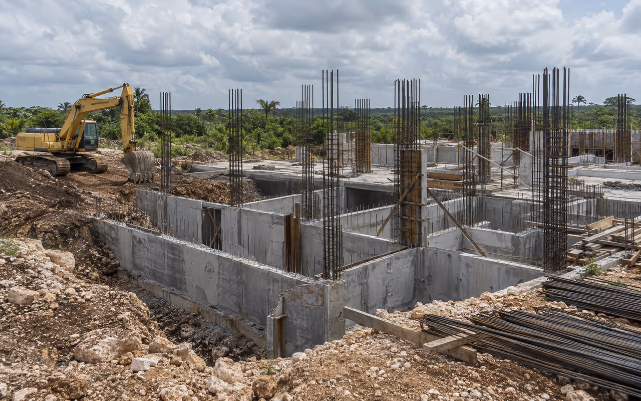Nave industrial en construcción con estructura metálica en una planicie semiárida del Bajío.