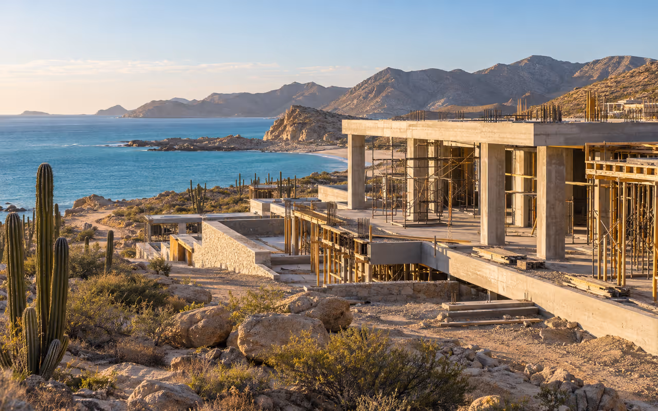 Edificio en construcción frente al mar con desierto y cactus alrededor, península de Baja California.