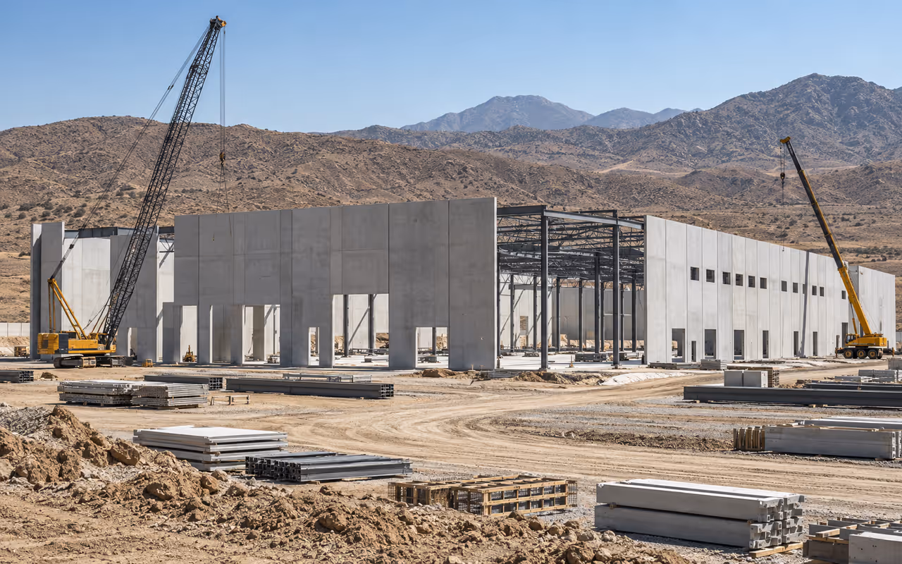 Obra de nave industrial en terreno árido con cerros secos al fondo, norte de México.