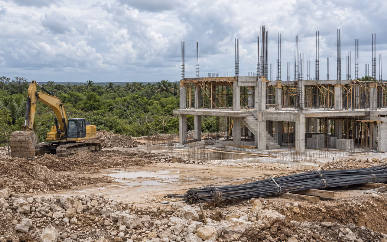 Obra en planicie tropical con cielo nublado y vegetación baja, sureste de México.
