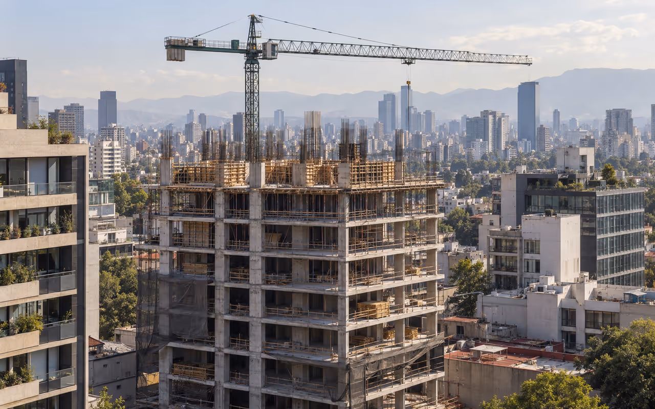 Edificio de varios niveles en construcción entre edificios de la Ciudad de México.