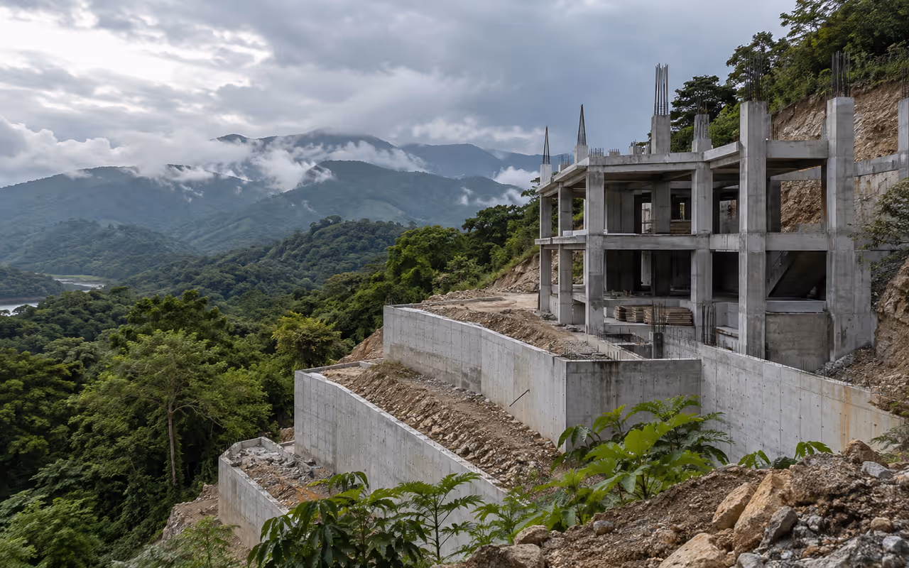 Obra de concreto en ladera verde con montañas y nubes bajas, sur de México.