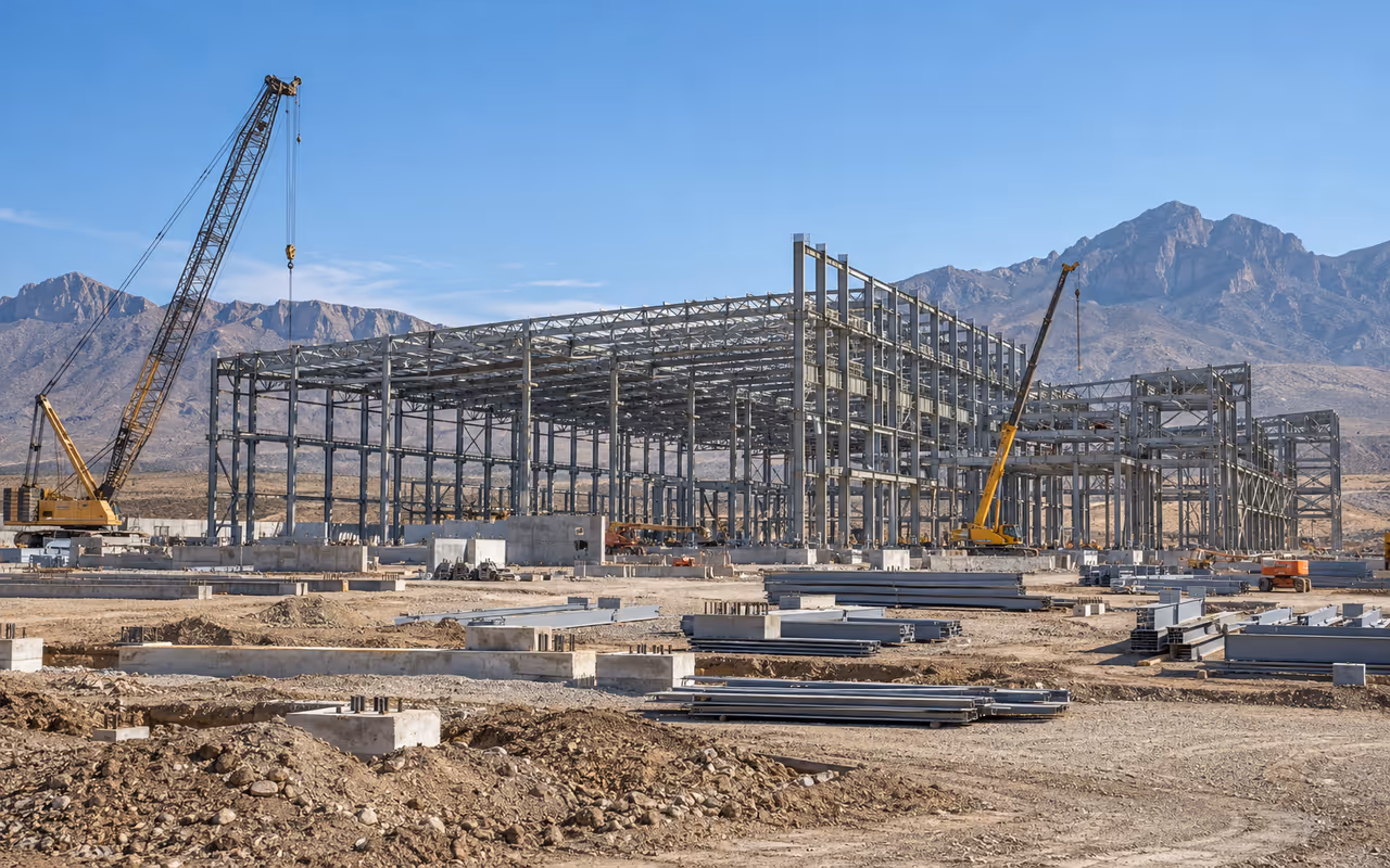 Estructura metálica de gran claro en construcción en el desierto del norte de México.