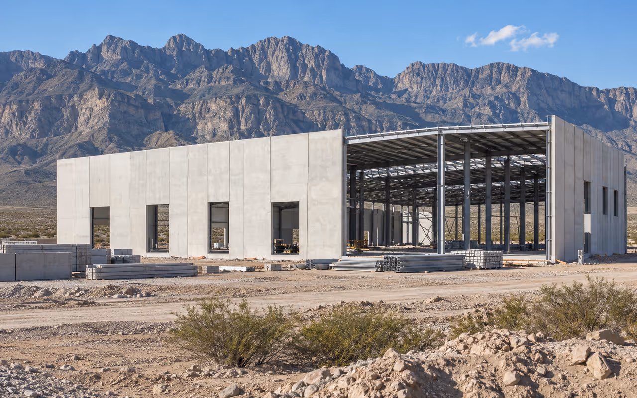 Planta industrial en construcción en planicie desértica con sierra al fondo, noreste de México.