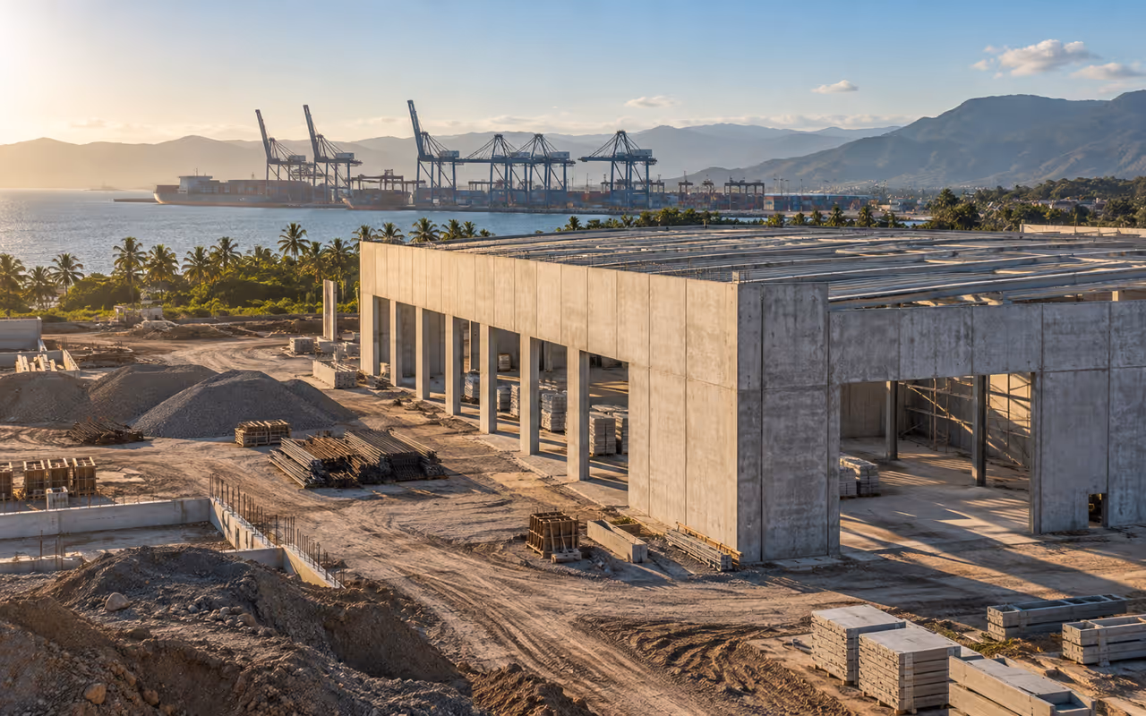 Obra junto a una zona portuaria con grúas y el Pacífico al fondo.
