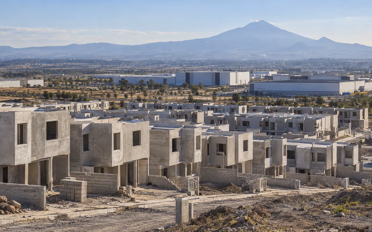 Conjunto de vivienda en construcción con naves industriales al fondo, centro de México.