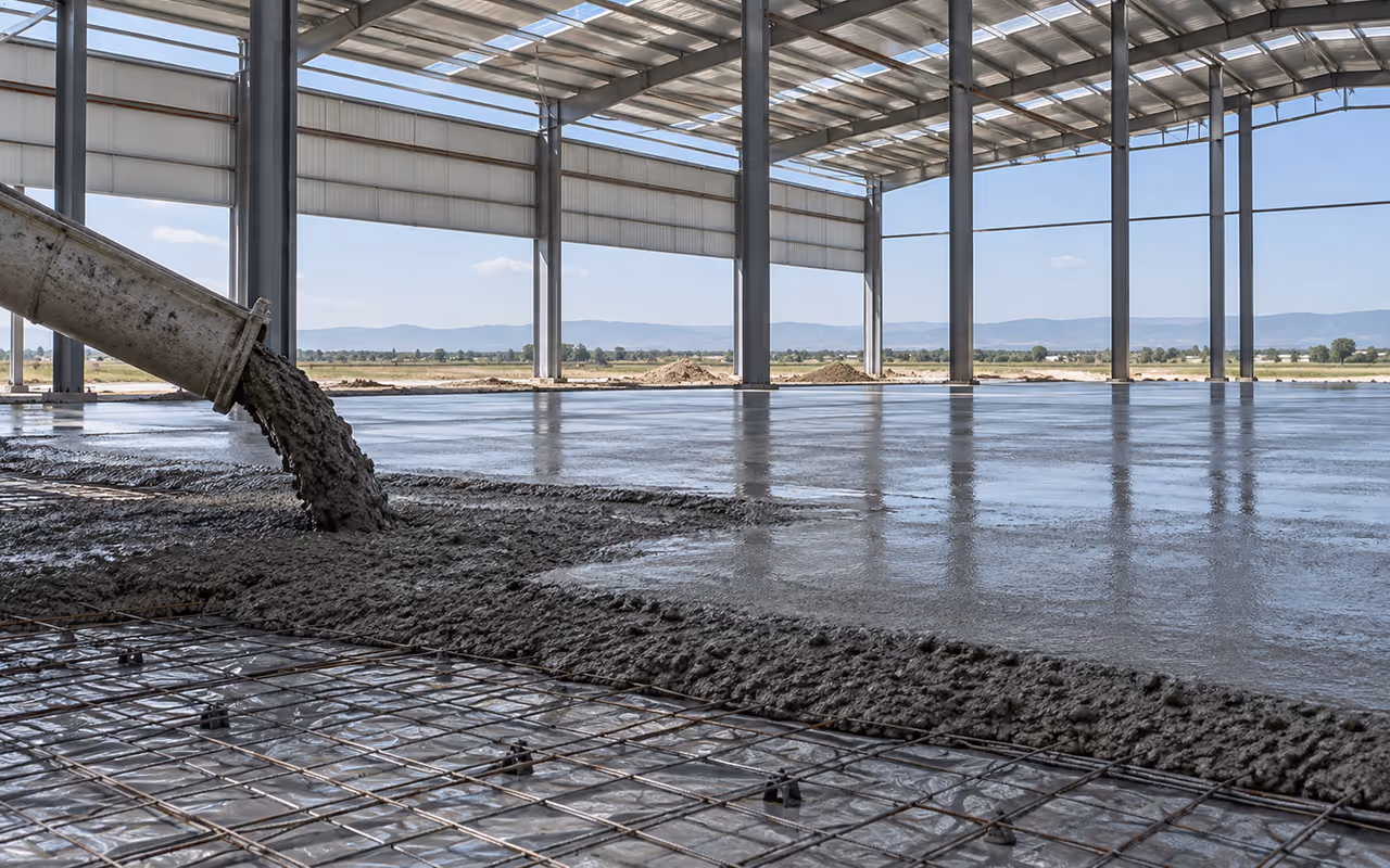 Piso industrial de concreto en construcción dentro de una nave en el Bajío.
