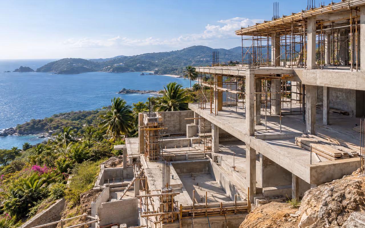Edificio en construcción sobre una ladera frente a una bahía del Pacífico.