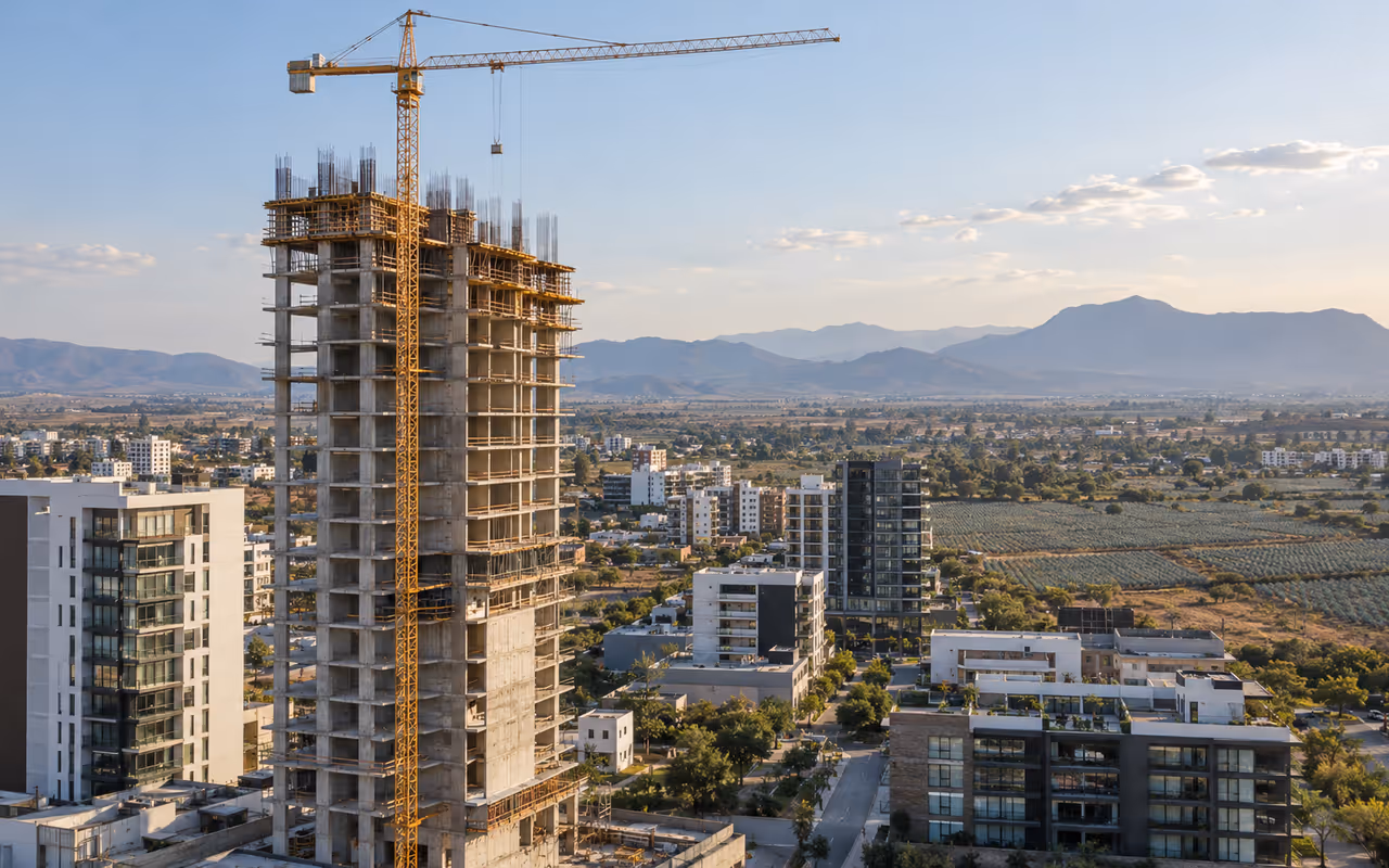 Torre de concreto en construcción con grúa en una zona urbana del occidente de México.