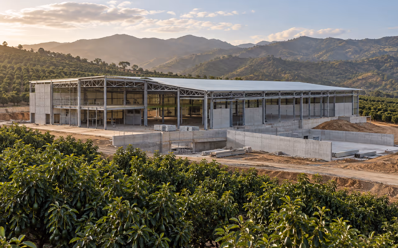 Obra de bodega agroindustrial entre huertas y cerros, occidente de México.