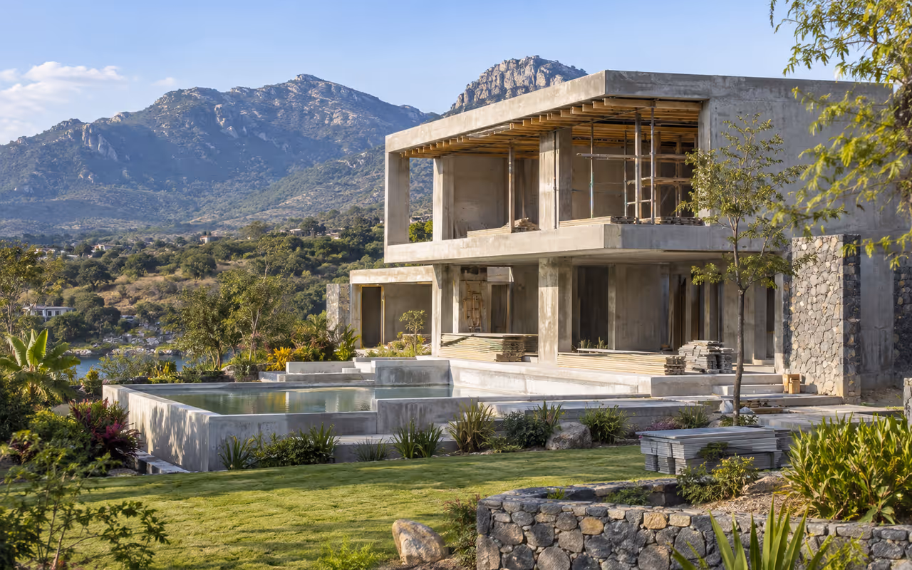 Casa residencial en construcción en un jardín con vegetación tropical y montañas.