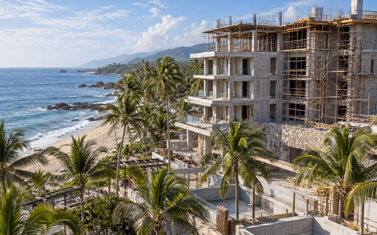 Edificio turístico en construcción entre palmeras frente al Pacífico.