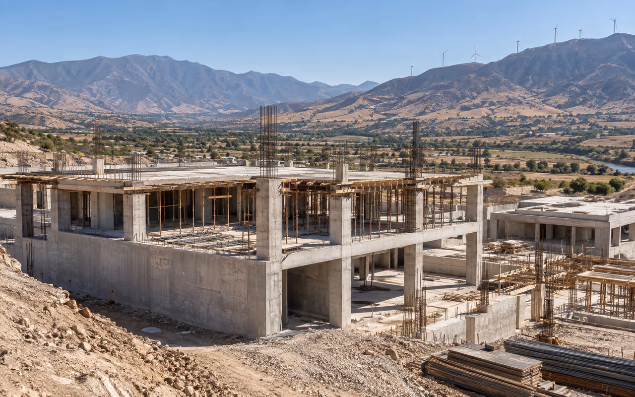 Obra de concreto en valle montañoso con cielo despejado, sur de México.