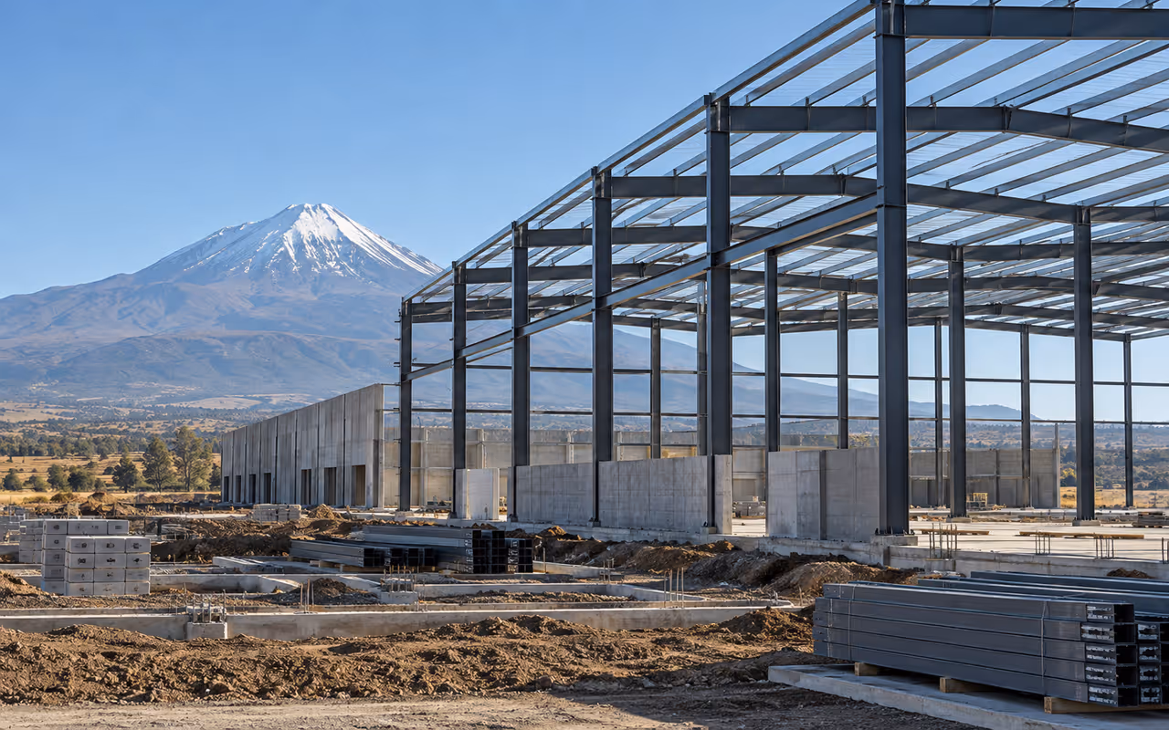 Nave industrial en construcción con volcán nevado al fondo, centro de México.