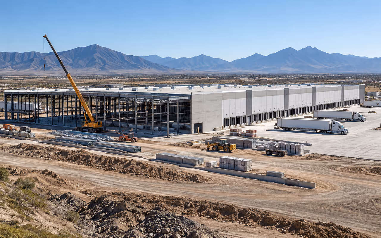 Centro logístico en construcción en planicie seca del altiplano mexicano.