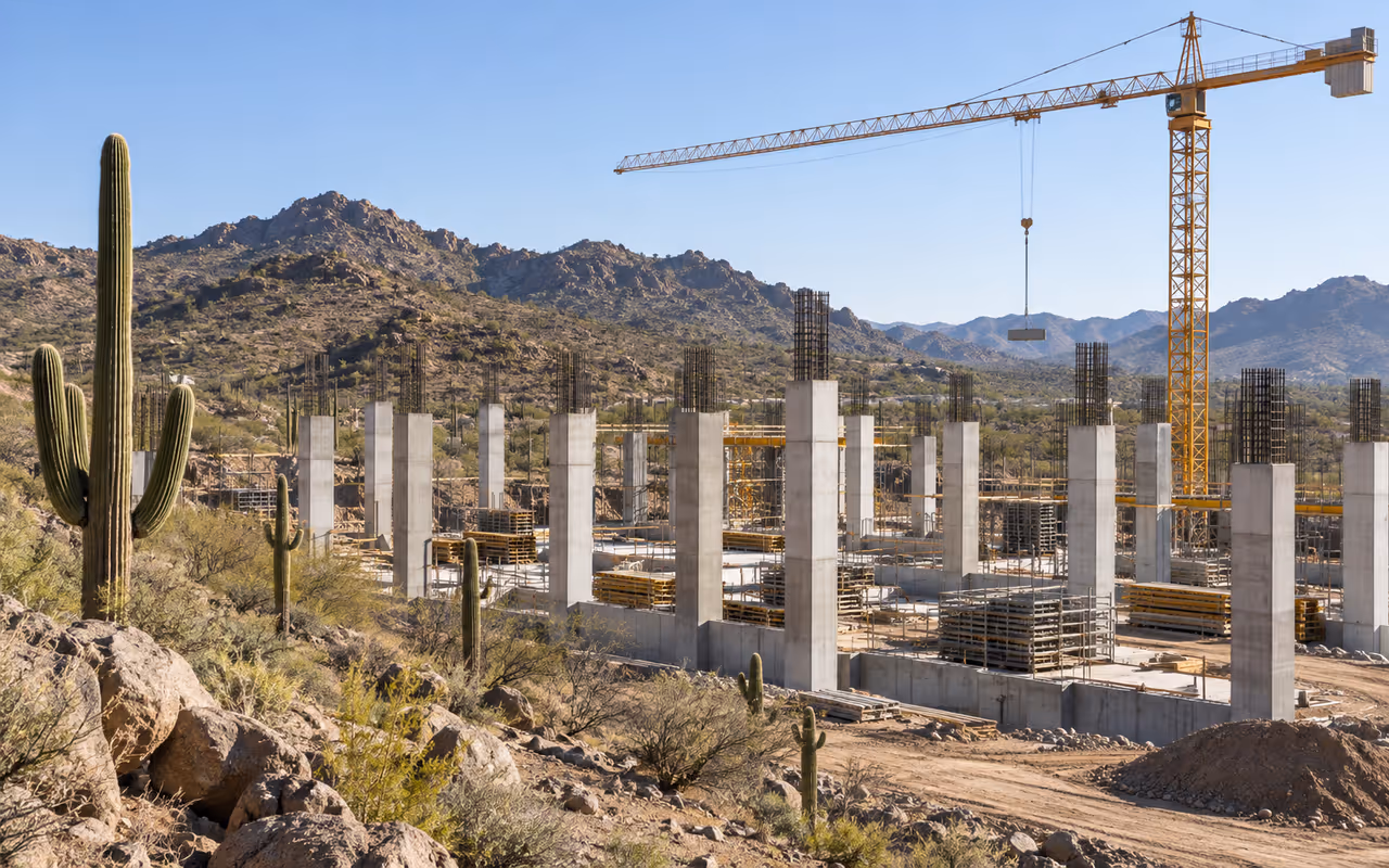 Obra industrial en desierto con saguaros y cerros secos, noroeste de México.