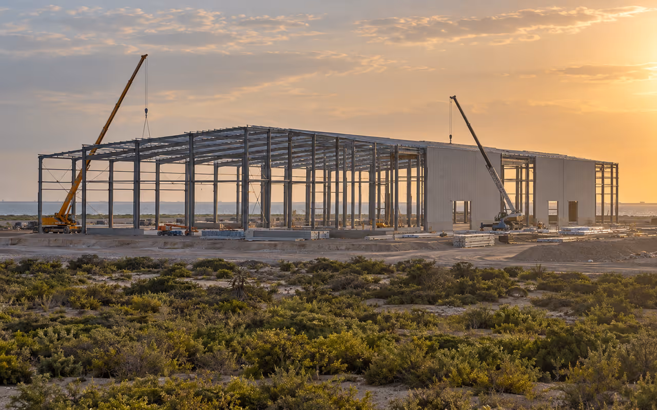 Nave industrial en construcción en planicie costera del noreste de México.