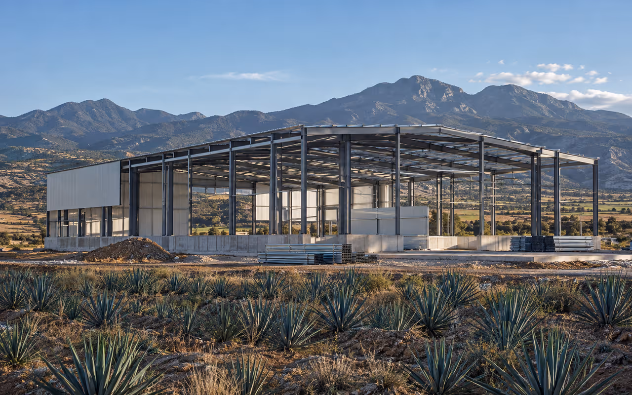 Nave en construcción en planicie agrícola de altura con montañas al fondo.