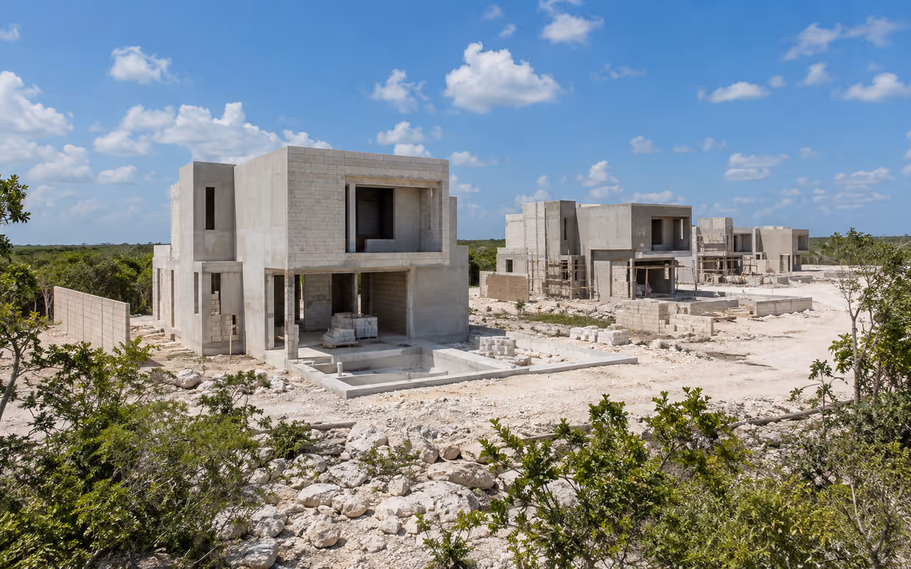 Casas en construcción sobre suelo calizo blanco con vegetación baja, península de Yucatán.